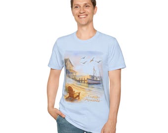 Sunset Beach Scene T-Shirt | Coastal Dock, Adirondack Chair, Fishing Boat