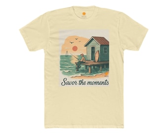 Beach Pier Scene T‑Shirt • Sunset Fishing Cabin Graphic • Boy Fishing & Sailboat Illustration • Savor the Moments™ Tee