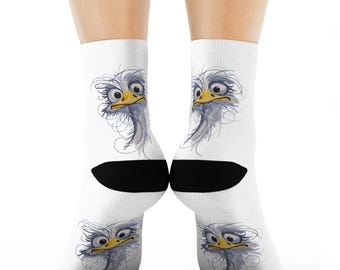 Whimsical Ostrich Crew Socks • Funny Bird Illustration • Wildlife Pattern • Nature Lover Gift