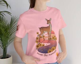Deer T‑shirt, retro sunset, wildflower design, nature lover gift tee, stream detail, woodland graphic, peaceful outdoor vibes