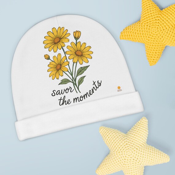 Baby Beanie - Savor the Moments, Floral Newborn Hat, Cute Baby Gift, Personalized Infant Beanie, Spring Baby Accessory
