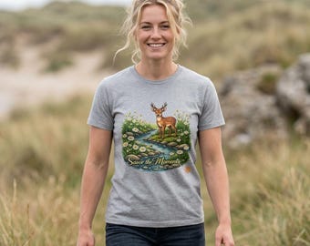 Deer nature shirt, Unisex Soft style T-Shirt, woodland animal tee, stream landscape art