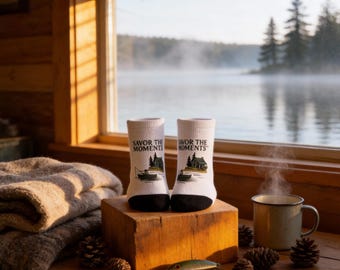 Cabin Fishing Crew Socks • Lake & Boat Nature Scene • Outdoorsy Gift for Him • Rustic Cabin Lover Socks