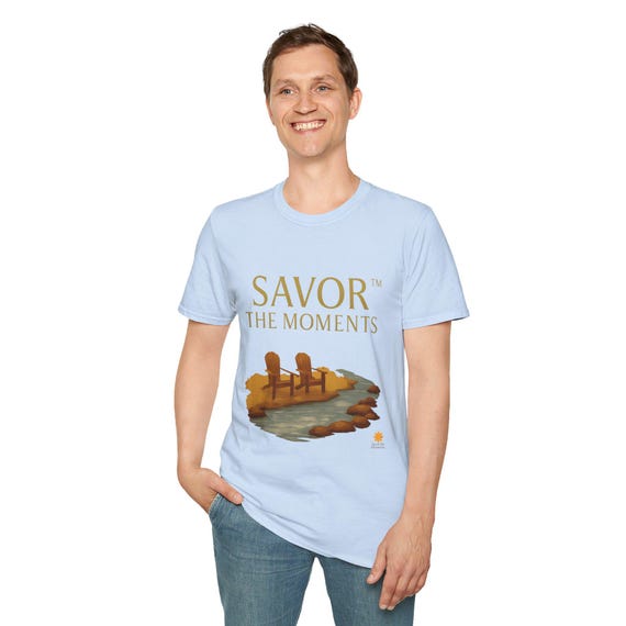 Outdoor Adventure Savor the Moments™ Tee • Summer Shirt • Adirondack Chairs & Stream Nature Scene • Relaxation Apparel • Nature Lovers