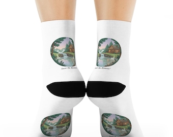 Mountain Lake Cabin scene Crew Socks, Nature landscape, waterfall vibe, retro art, outdoor enthusiasts, woodlands fan.