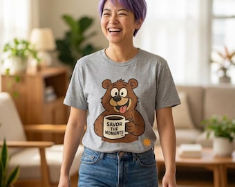 Cartoon Coffee Bear Graphic Tee, Morning Mug Lover Shirt, Unisex Jersey T‑Shirt, Cozy Nature Vibes, Savor the Moments Apparel