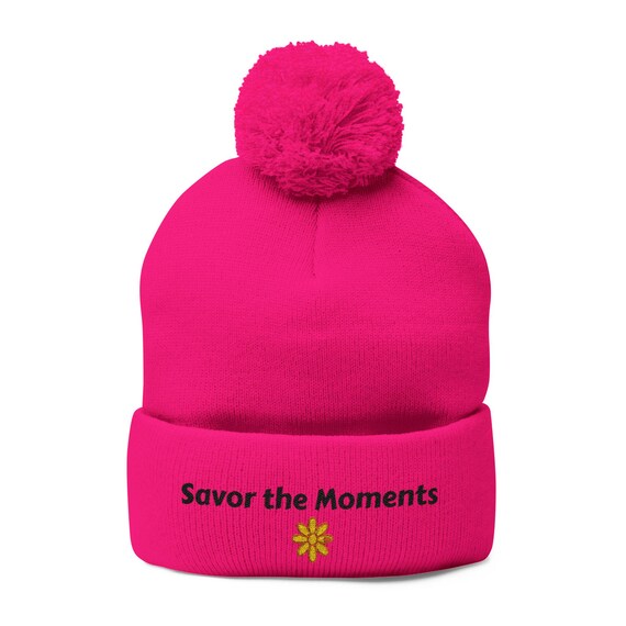 Embroidered Pom-Pom Knit Beanie: Cozy Acrylic Winter Hat "Savor the Moments"