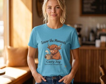 Highland Cow Holding Coffee Tee | Savor the Moments, Carry Joy