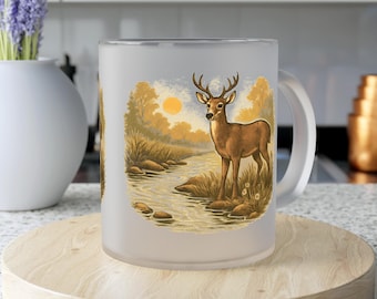 Deer Sunset Scene Frosted Glass Mug | Woodland Stream Illustration