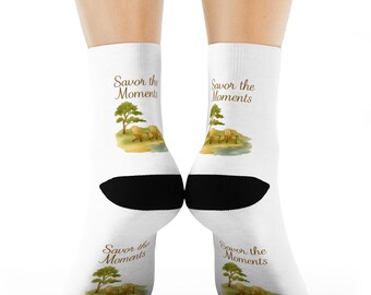 Scenic Tree Crew Socks • Savor the Moments Nature Quote • Cozy Outdoorsy Gift • Forest Lover Socks