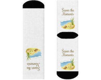Seashell Coastal Crew Socks • Beach Scene Ocean Design • Savor the Moments Quote • Coastal Lover Gift