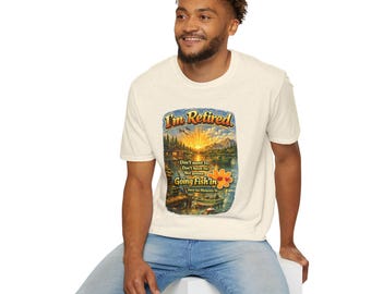 I'm Retired Going Fishin' T-Shirt | Fishing Lake Sunset Cabin Design