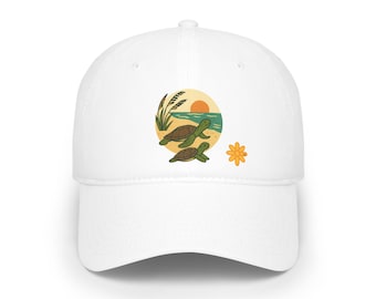 Sunset Sea Turtles Low Profile Baseball Cap, Gift for Ocean Lovers, Summer Accessory, Beach Style, Eco-Friendly Fashion