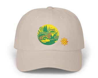 Racoon, Classic Dad Cap, animal vibe, nature, gift, orange daisy logo, wildflower, stream, meadow vibe