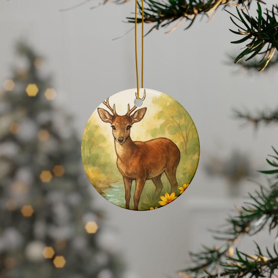 Watercolor Deer Ornament round ceramic, Double-Sided Nature Holiday Decor | Forest Buck