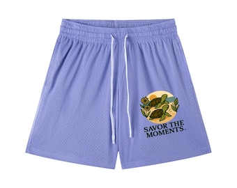 Ocean themed Beach Mesh Drawstring Shorts, sunset, sea turtles, coastal vibe, thoughtful gifts for birthdays and special occasions.