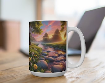 Serene Landscape, Yellow Daisies, Coffee Mug: 15oz Ceramic Nature Lover Gift