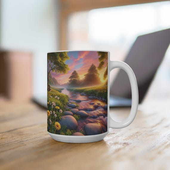 Serene Landscape, Yellow Daisies, Coffee Mug: 15oz Ceramic Nature Lover Gift
