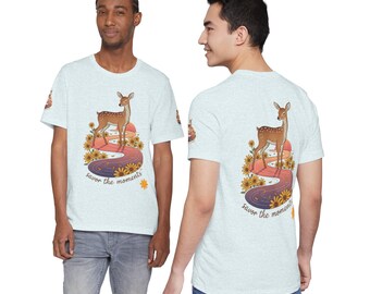 Deer T‑shirt, retro sunset, wildflower design, nature lover gift tee, stream detail, woodland graphic, peaceful outdoor vibes