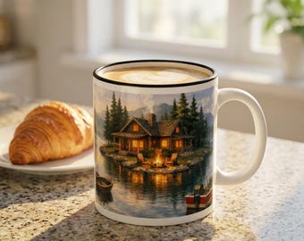 Lakeside Cabin Campfire Scene Mug | Accent Rim & Handle