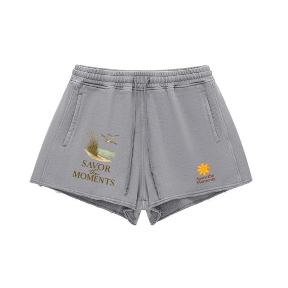 Shorts, Ocean, Sea Oats, Sea Gulls, Snow Washed Raw Edge Drawstring Shorts