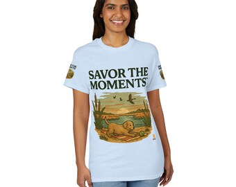 Urban Moonrise Graphic Tee • Minimal Street Art Shirt • Puppy Scene Lake Dogs Retro Nature • Savor the Moments™ Apparel