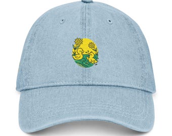 Ducklings Embroidered Denim Hat with Sunny Floral Design, Summer Accessory, Gift for Gardeners, Fun Outdoor Cap, Trendy Streetwear Hat