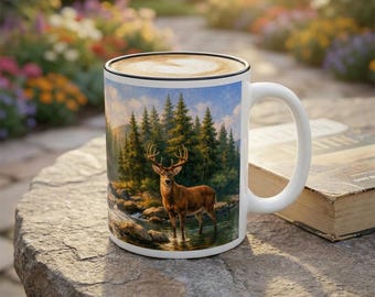Majestic Deer in Forest Accent Rim & Handle Mug | Nature Landscape Coffee Cup