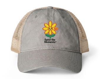 Meet "Savoy" our mascot with a heart, Women's Washed Mesh-Back Cap, Savor the Moments TM, Smiling Daisy.