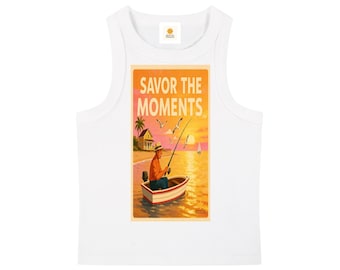 Snow washed tank top, relaxed lake vibe, fishing pole and boat artwork, seagulls, cozy cabin feel, and a peaceful savor the moments sunset.