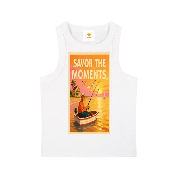 Snow washed tank top, relaxed lake vibe, fishing pole and boat artwork, seagulls, cozy cabin feel, and a peaceful savor the moments sunset.