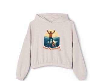 Cropped Cinched‑Hem Adventure Hoodie • Sunrise Mountain Hiker Graphic Sweatshirt • Nature Lover, Outdoor Escapes