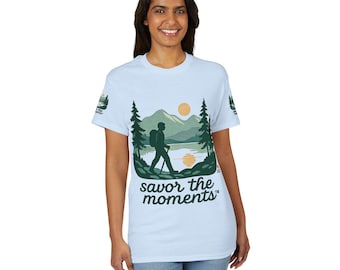 Hiker Mountain Scene Tee • Sunlit Lake Silhouette • Conifer Forest Graphic Shirt • Outdoor Nature Top