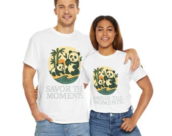 Panda-Inspired Unisex Heavy Cotton Tee - Savor the Moments, Comfortable T-Shirt, Cute Animal Shirt, Nature Lover Gift, Casual Wear