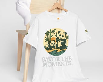 Panda-Inspired Unisex Heavy Cotton Tee - Savor the Moments, Comfortable T-Shirt, Cute Animal Shirt, Nature Lover Gift, Casual Wear