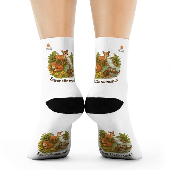 Woodland Animal Scene Crew Socks | Wildlife 'Savor the Moments'