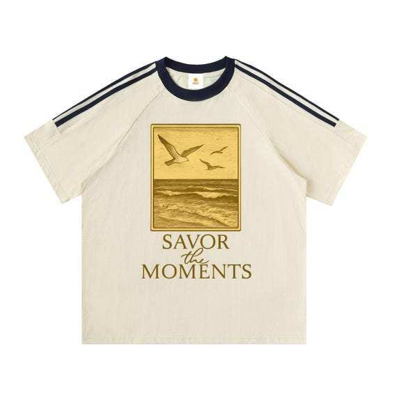 T-shirt, Ocean, Sea Gulls, Contrast Tape Crewneck Cotton T-Shirt
