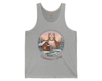 Valentine's Day Cabin Scene Tank | Deer Silhouette, Snowy Pines, River