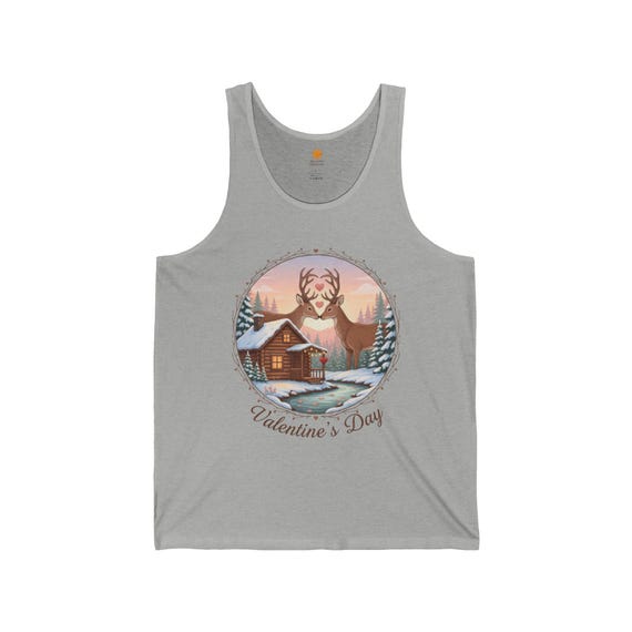 Valentine's Day Cabin Scene Tank | Deer Silhouette, Snowy Pines, River