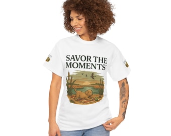 Nature Scene Dog T‑Shirt • Unisex Cotton Everyday Tee • Dog by Water with Geese & Cattails • Casual Comfortable Top