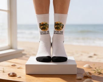 Sea Turtle Crew Socks • Beach Sunset Vibe • Nature Floral Design • Savor the Moments, Ocean Lover Gift
