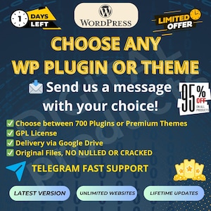 May include: A promotional graphic with a dark blue background and gold text. The image promotes WordPress plugins and themes, offering a 95% discount. It includes the WordPress logo, a countdown timer, and a call to action to send a message.