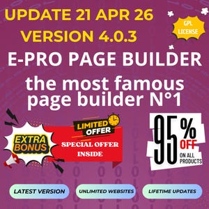 May include: A promotional graphic for E-Pro Page Builder, featuring text in white and yellow on a purple background. The graphic highlights a "Limited Offer" and "95% Off" on all products. Additional text includes "Extra Bonus," "Latest Version," and "Lifetime Updates."