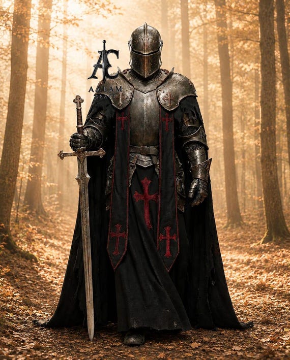 Wearable Black Templar Knight Armor – Gothic Crusader Suit with Red Cross