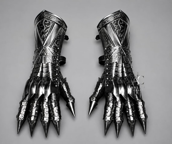 Medieval Steel Gauntlet Gloves, Black, Engraved Metal Armor, Spiked Claw Design, LARP Cosplay new title