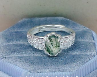 S925 Sterling Silver Moss Agate Textured Adjustable Ring, Organic Nature Inspired Open Band, Women's Botanical Stacking Jewelry