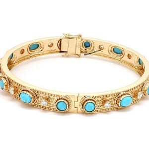 Brazalete ovalado de turquesa chapado en oro amarillo de 14k, joyería artesanal estilo art déco.