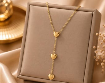 Collar con colgante de corazón dorado para mujer, delicada cadena en Y, colgante minimalista de amor, acero inoxidable chapado en 18 quilates, elegante regalo para ella.