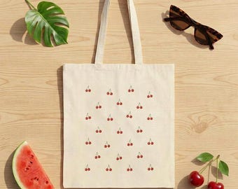 Bolso tote de lona con estampado de cerezas, bolso de hombro minimalista con estampado de frutas.