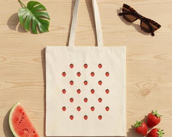 Bolso de lona con estampado de fresas, bolso de estilo cottagecore para el mercado agrícola, bolso de hombro minimalista de verano.